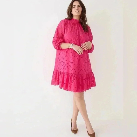 J. Crew Dresses & Skirts - NWT J. Crew fully lined hot pink eyelet ruffled neck dress